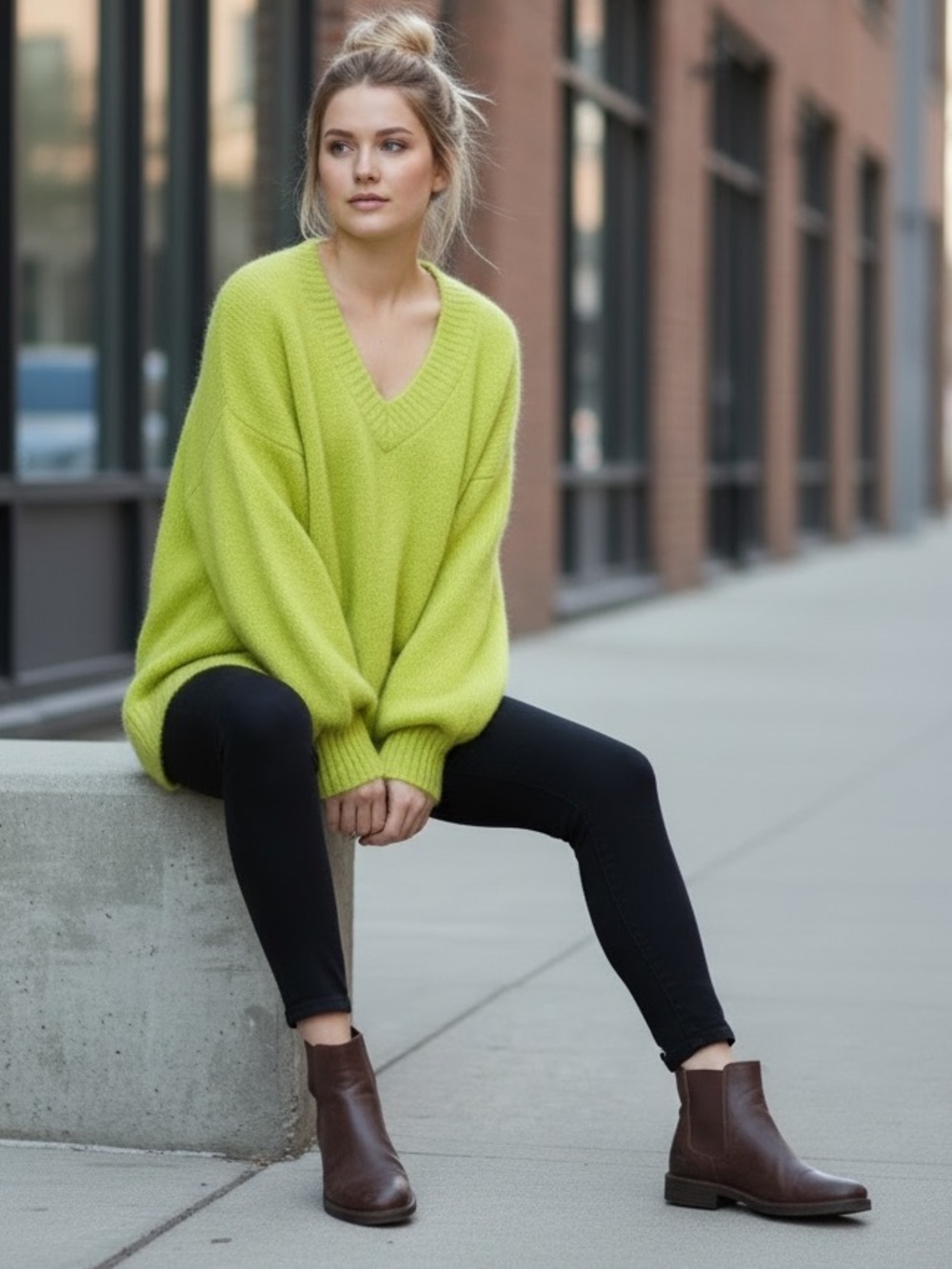 Relaxed Super Soft & FUZZY V-Neck Sweater in Lime Green